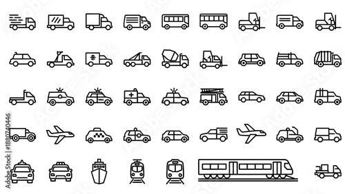 Collection of Various Transportation Vehicle Icons.