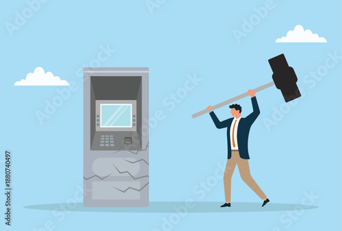 Vector illustration of a businessman smashing an ATM machine with a hammer, symbolizing financial frustration, anger, risk, destruction, bold action, and business stress
