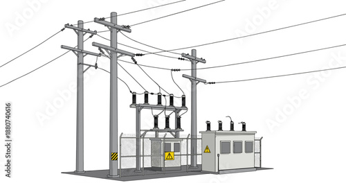 Electric power substation infrastructure vector, utility pole illustration, high voltage transformer, distribution grid system, energy station, 3D engineering sketch