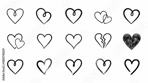 Collection of various hand drawn heart shapes in different styles and patterns on a white background high quality