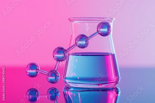 Colorful Lab Flask with Water and Molecular Structure in Background