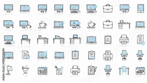Collection of various office workstations and computer setups in a grid layout with blue and black illustrations