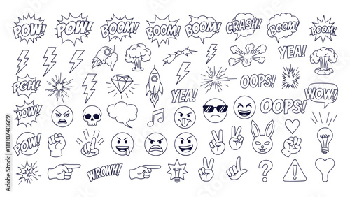Outline Doodle Comic Book Symbols Lightning Emoticons Pow Boom Crash Vector Graphics Set