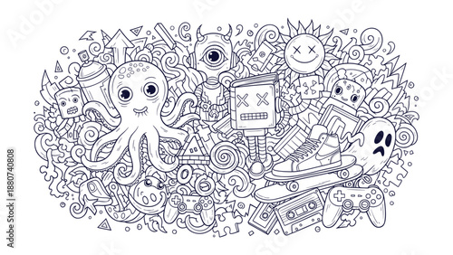 Chaotic Urban Doodle Pattern Vector Illustration Featuring Funny Monsters and Youth Elements