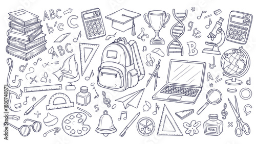 Detailed Hand Drawn School Education Doodle Pattern Vector Collection Science Math Art Symbols