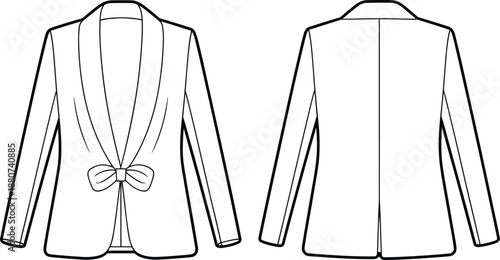Flat sketch of women’s fashion blazer with shawl collar, front bow detail, long sleeves, formal jacket template, technical drawing illustration