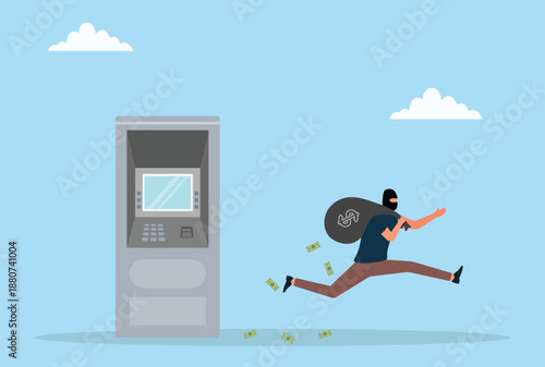 Vector illustration of a masked thief running away with stolen cash after an ATM robbery, depicting crime, theft, robbery, escape, danger, and law enforcement
