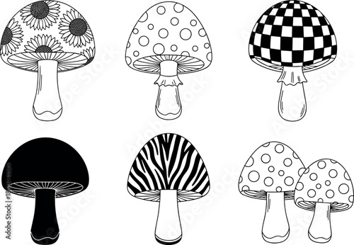 Hand drawn black and white mushroom illustrations with playful patterns, whimsical botanical fungi set in a minimalist sketch and coloring book style