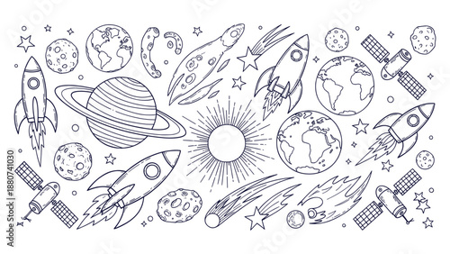 Cosmic Space Exploration Doodle Vector Set Planets Rockets Satellites Stars Hand Drawn Design