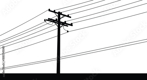 Electric power line vector illustration, black silhouette design, utility pole with wires, rural energy structure, high voltage transmission drawing