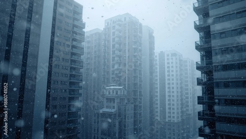 Winter Snow Falling on Tall Buildings in Urban Area During Afternoon Hours