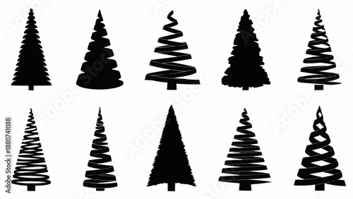 Collection of unique black christmas tree silhouettes in various shapes and sizes on white background high quality professional