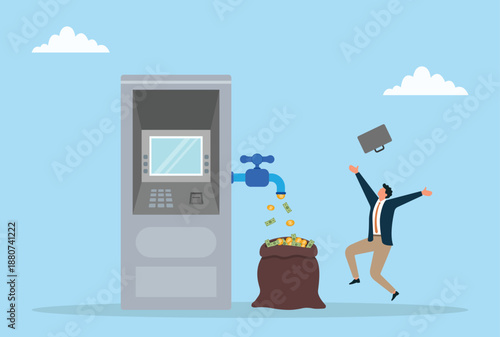 Vector illustration of atm profit concept showing a businessman celebrating as cash flows from an atm machine into a money bag symbolizing income withdrawal financial success and business gain
