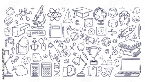 Detailed Hand Drawn Science Education Math School Doodle Seamless Pattern Background