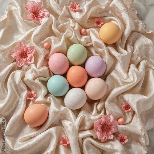 Colorful Eggs in a Basket Surrounded by Spring Flowers on Soft Fabric