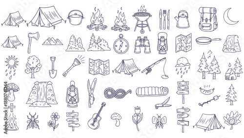 Essential Outdoor Adventure Camping Gear and Hiking Equipment Hand Drawn Doodle Vector Icons