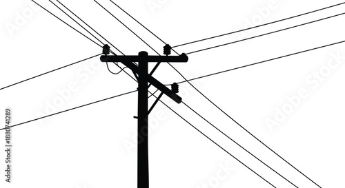 Electric transmission pole vector illustration, black silhouette with multiple wires, power pole graphic design, minimalist infrastructure art, utility line sketch