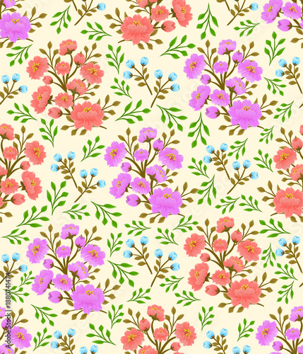 Floral cute seamless pattern with hand drawn beautiful flowers, garden blooming, Spring summer has a cozy background. Vintage trendy print. Cottage core aesthetic. Vector flat illustration