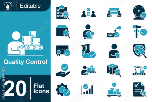 Quality Control and Inspection Flat Icon Set for Manufacturing, Certification, and Approval