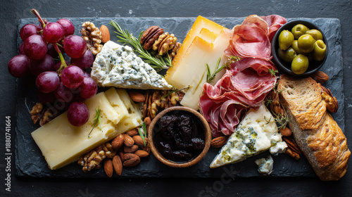 Gourmet Charcuterie Board Platter with Assorted Cheeses Blue Cheese Prosciutto Salami Red Grapes Olives Walnuts Almonds Crusty Baguette Bread and Jam on Dark Slate Background Top View Food Photography