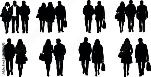 Business people walking silhouettes set, men women couples urban crowd black vector illustration isolated white background design collection