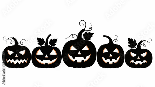 A spooky halloween collection featuring five distinct black silhouettes of carved pumpkins with varying expressions high quality professional