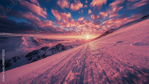 Sunset Over Snowy Mountain Slope With Footprints Leading to the Horizon