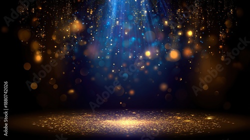 Dark blue and gold background with bokeh lights and glittering particles, depth of field effect creating festive celebration atmosphere for christmas and other events