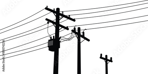 Electric power poles with high voltage transformer, black silhouette vector, overhead transmission lines, utility structure, electricity infrastructure, energy supply system