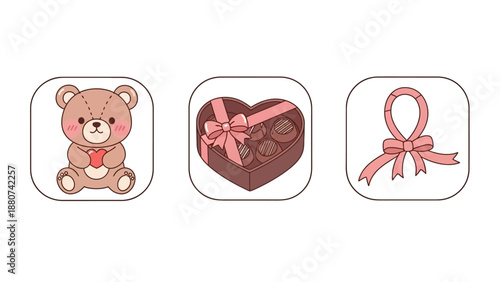 Cute Teddy Bear, Heart Chocolate Box, and Pink Ribbon Icons for Valentine's Day or Love Themes
