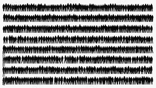 A dense crowd of silhouetted people stands closely together forming multiple horizontal lines against a stark white background