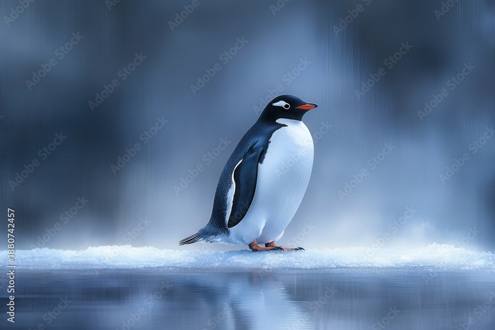 Fototapeta premium Gentle Penguin Standing on Ice with Soft Blue Background and Haze