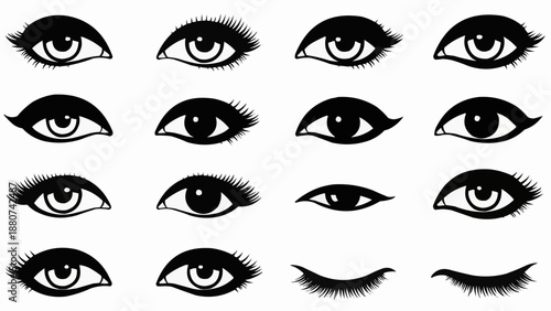A collection of various stylized eye shapes and delicate eyelashes depicted in black and white illustration high quality