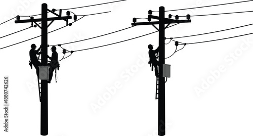 Electric linemen repairing power lines on utility poles, using safety gear, working in teams, electrical maintenance, power distribution infrastructure service