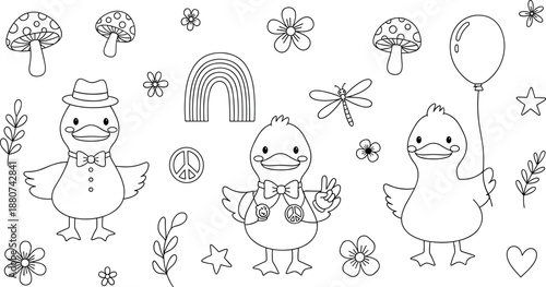 Cute black and white duck characters illustration set with flowers, rainbow, balloon, mushrooms, and peace symbol in playful hand-drawn style