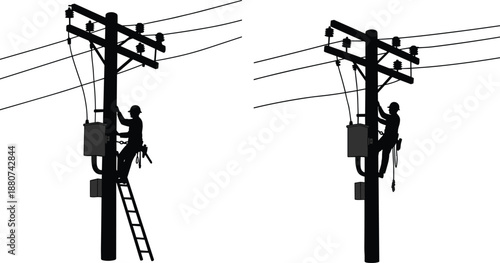 Electrical linemen working on utility poles with tools, using ladder and safety harness, repairing power lines, maintenance service, energy infrastructure