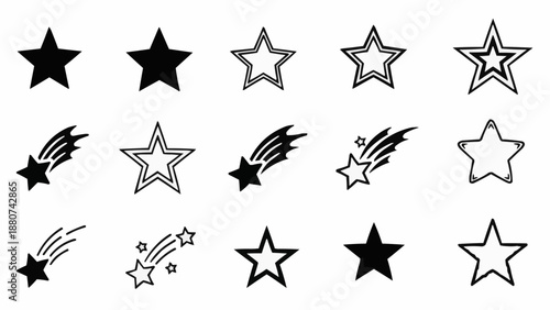 Collection of various star shapes and designs in black and white on a plain background high quality professional