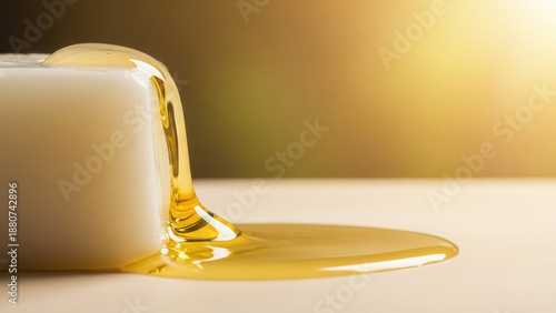 Poured coconut oil dripping from solid block onto wooden surface with warm sunlight