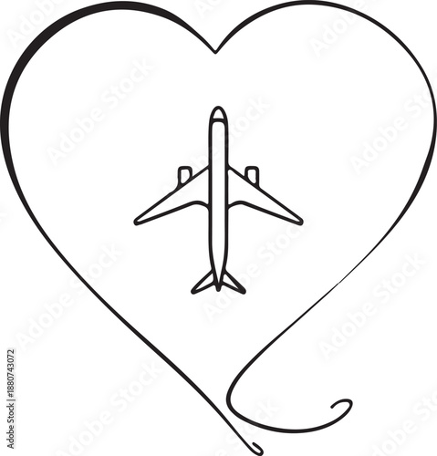 Plane route with heart vector illustration. Love trip icon. Romantic travel symbol. Honeymoon journey sign. Airplane with dashed or dotted route trace. Flight track heart 
