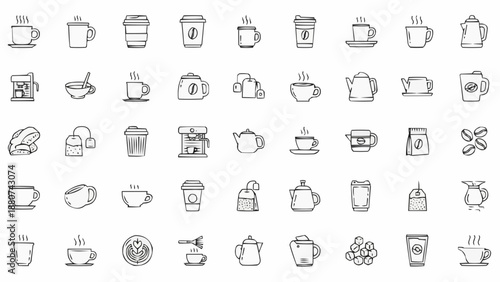 An arrangement of diverse black and white coffee and tea related container icons demonstrates beverage culture high quality