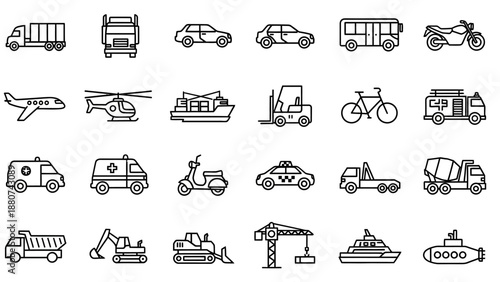 Collection of Various Vehicle Icons Outlined.