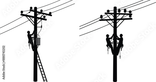 Electric utility linemen working on high voltage power poles, safety gear, ladder climbing, cable repair, silhouette vector illustration, maintenance service