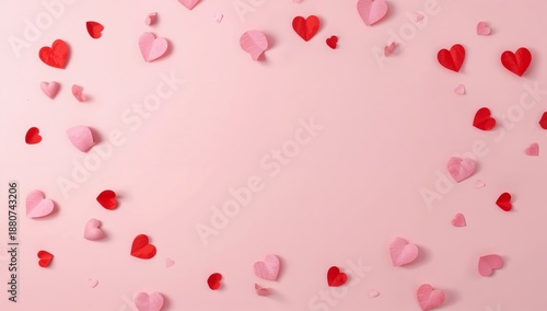 Hearts in Various Colors Scattered on Pink Surface Creating a Festive Look fo...