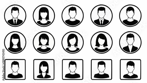 A collection of monochrome profile icons depicting diverse individuals both male and female in circular frames high quality