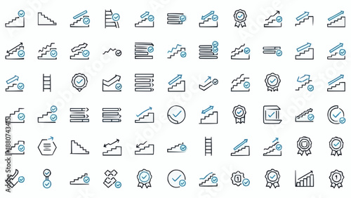 Collection of various line icons and symbols in black and blue on a white background for design elements