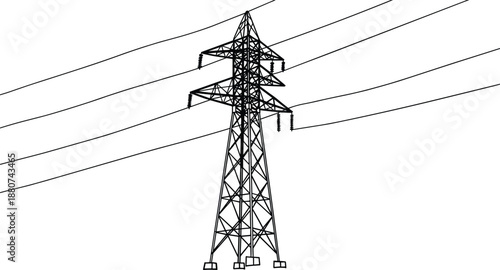 Electric power transmission tower, steel lattice utility pole, high voltage pylon illustration, black line drawing, energy infrastructure, vector graphic