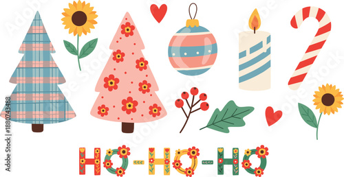Festive Christmas illustration with patterned trees, ornaments, candles, candy canes, flowers, hearts, and cheerful Ho Ho Ho lettering in cozy holiday style