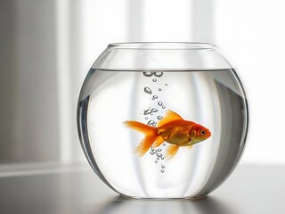 A solitary goldfish swims gracefully within a clear, spherical glass bowl filled with water, creating a tranquil ambiance with emanating bubbles, captured in a photographic studio style.