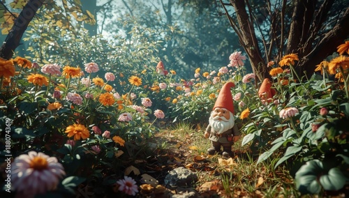 Garden Gnomes Stand Among Colorful Flowers in a Bright Setting During Dayligh...