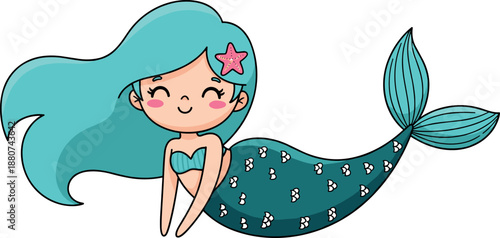 Cute smiling mermaid with flowing turquoise hair and starfish clip, kawaii underwater fantasy character illustration in soft pastel tones